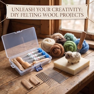 May include: A DIY felting wool kit featuring a clear plastic storage box with needles in tubes, wooden handle tools, leather finger guards, a foam block, and colorful wool roving. A banner above reads: UNLEASH YOUR CREATIVITY: DIY FELTING WOOL PROJECTS.