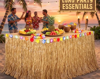 Hawaiian Luau Grass Table Skirt Natural Straw Tropical Party Decoration Nine Foot Yellow.