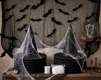 Halloween Witch Hat Decoration Kit | 12 XXL Hats, 3D Bats, Spider Web, Creepy Cloth