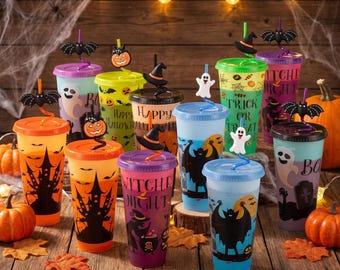 Halloween Color Changing Reusable Cups with Lids and Straws 16-Pack 24oz Party Tumblers Bulk