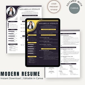 Peut inclure: Un modèle de CV moderne avec un design noir et jaune. Le CV comprend des sections pour les coordonnées, les compétences et l'expérience professionnelle. Le texte "Modern Resume" et "Instant Download | Editable in Canva" sont affichés.