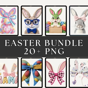 以下が含まれることがあります： イースターをテーマにしたデジタルアートコレクション。ウサギのデザインとイースターの要素が特徴です。アクセサリー、リボン、イースターエッグをあしらったウサギのデジタルイラストが複数表示されています。画像には「EASTER BUNDLE 20+ PNG」と書かれています。