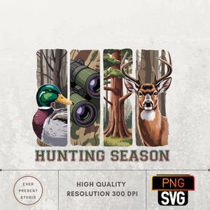 Puede incluir: Diseño gráfico con un pato, binoculares, un ciervo y árboles, con el texto "HUNTING SEASON". El pato tiene la cabeza verde y un pico amarillo. El ciervo tiene grandes astas. El fondo es un patrón de camuflaje.