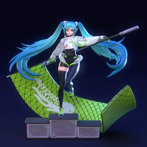 May include: A figurine of a character with long, light blue pigtails, wearing a white jacket, black bodysuit, and green accents. The figure is holding a staff and standing on a platform with a green banner that has white text. The background is dark blue.