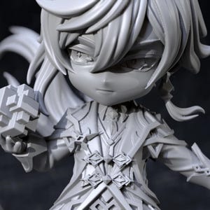 以下が含まれることがあります： 幾何学的な立方体を持つ、詳細な鎧と髪を持つキャラクターの灰色のフィギュア。 このフィギュアは決意した表情をしており、複雑なデザイン要素を示すダイナミックなポーズをとっています。