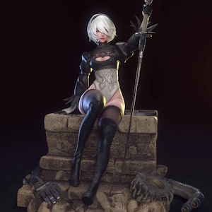 May include: A detailed figurine of a character with white hair, wearing a black and white outfit, and holding a sword. The figure is seated on a stone structure, with mechanical parts nearby. The background is dark.