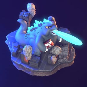 May include: A blue Godzilla figurine with a glowing blue atomic breath, destroying miniature buildings. The figurine is holding a red and white object. The base is a grey island with miniature buildings and smoke.
