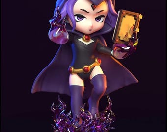 May include: A detailed figurine of Raven from Teen Titans. The figure is depicted in a dynamic pose, wearing a black bodysuit, purple cape, and hood. She holds a book with a golden cover and is surrounded by purple energy.