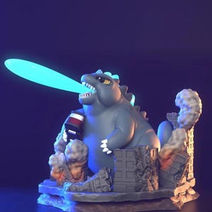 May include: A grey Godzilla figurine with a blue atomic breath effect. The figurine is set on a base with miniature building ruins and smoke effects. The figure is holding a red and white object.