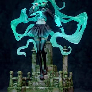 May include: A detailed anime figure of a female character with teal hair and a matching face mask, holding a microphone. She wears a black and blue school uniform and stands on a moss-covered stone structure. Teal energy emanates from her.