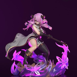 May include: A detailed figurine of a female character with pink hair, horns, and a staff. She wears a white and black outfit with a flowing cape. The base features purple energy effects and butterfly-like shapes, all set against a dark purple background.