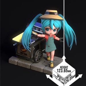 May include: A figurine of a character with turquoise hair and a straw hat, wearing a red shirt and green overalls, stands next to a miniature hot dog cart. The figurine is 4.87 inches tall, 4.42 inches wide, and 4.96 inches long. The cart has the words "HOT DOG" on it.