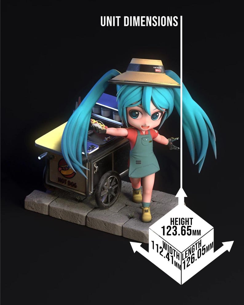 May include: A figurine of a character with turquoise hair and a straw hat, wearing a red shirt and green overalls, stands next to a miniature hot dog cart. The figurine is 4.87 inches tall, 4.42 inches wide, and 4.96 inches long. The cart has the words "HOT DOG" on it.