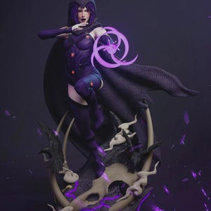 May include: A detailed statue of Raven from DC Comics, in a dynamic pose with a purple energy effect. She wears a dark purple hooded outfit and cape, standing on a base with a skull and raven details. The statue is a collectible item.
