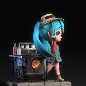 May include: A 3D rendered figurine of a character with teal hair and a straw hat, holding a hot dog. The character is standing next to a hot dog cart with the words "HOT DOG" on the front. The cart has wheels and condiment bottles.