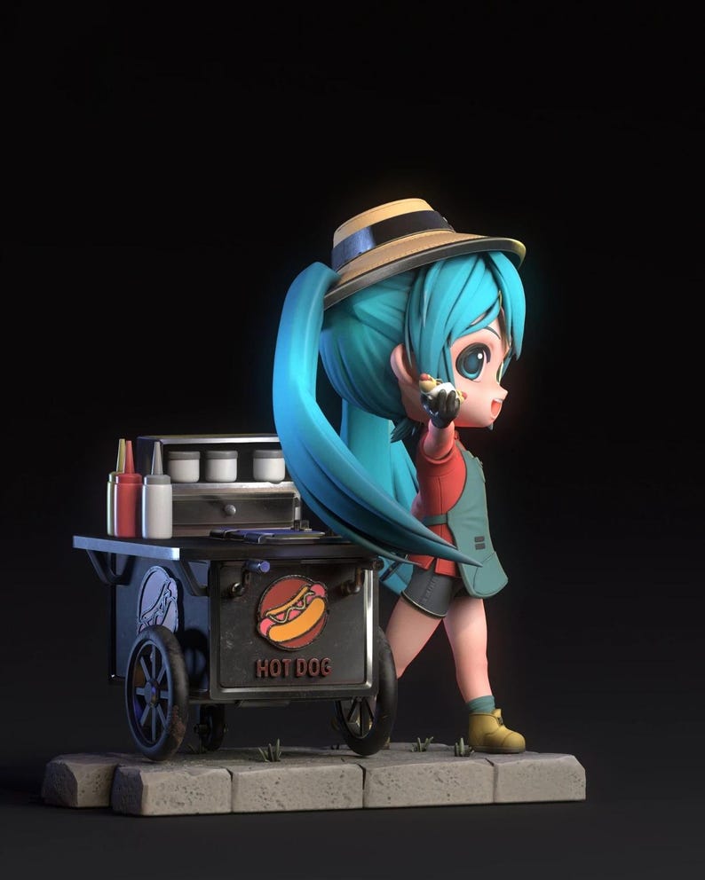 May include: A 3D rendered figurine of a character with teal hair and a straw hat, holding a hot dog. The character is standing next to a hot dog cart with the words "HOT DOG" on the front. The cart has wheels and condiment bottles.