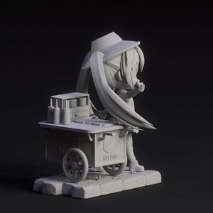 May include: A 3D-printed figurine of a character in a hat and boots, leaning against a hot dog cart. The cart has wheels, condiment bottles, and the words "HOT DOG" on the side. The figurine is on a stone base.