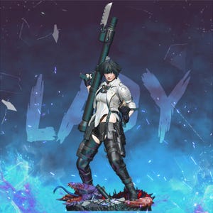 Może przedstawiać: Szczegółowa figurka postaci z gry wideo Devil May Cry. Figurka przedstawia kobietę w białej kurtce, czarnych spodniach, trzymającą dużą broń. Podstawa przedstawia potwora z długim językiem.