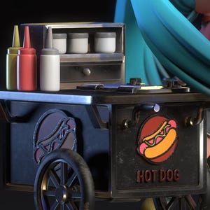 May include: A miniature hot dog cart with a black and gold color scheme. The cart features a red and yellow hot dog logo, the words "HOT DOG", and condiment bottles. The cart has two wheels and a small storage area.