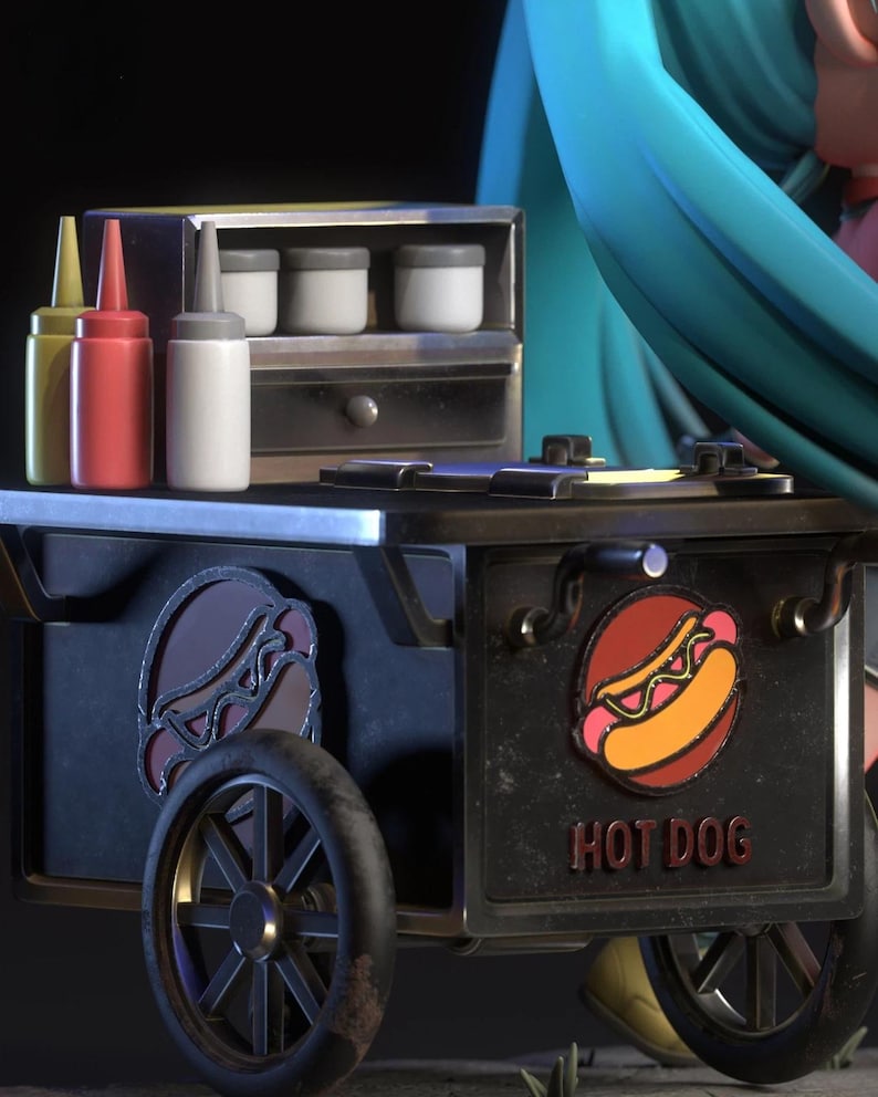 May include: A miniature hot dog cart with a black and gold color scheme. The cart features a red and yellow hot dog logo, the words "HOT DOG", and condiment bottles. The cart has two wheels and a small storage area.