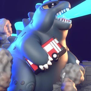 May include: A cartoon Godzilla figure in grey, holding a red and white toy fire engine. The figure is emitting a blue beam from its mouth. The background features stylized smoke and city buildings.