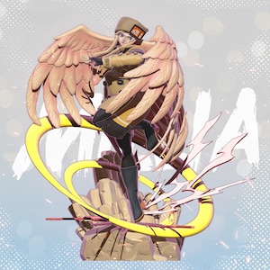 May include: A detailed figurine of a character with large, feathered wings, wearing a tan coat and hat. The figure is posed dynamically, with a yellow and pink energy effect surrounding it. The base is a rocky structure.