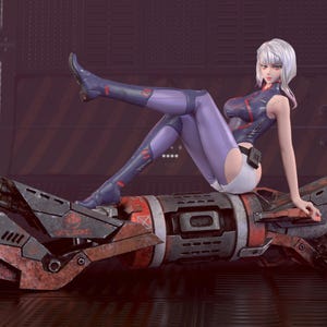 May include: A futuristic anime-style figure with white hair and a blue and purple outfit, reclining on a rusty, mechanical vehicle. The figure is posed with one leg extended, creating a dynamic composition. The vehicle has a red and gray color scheme.