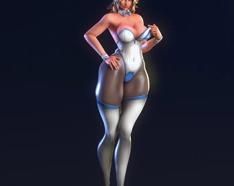 May include: A figurine of a woman in a white and blue bunny costume, complete with ears and a bow tie. The figure is on a black base, with a dark background. The costume has a bodysuit design with white and blue accents.