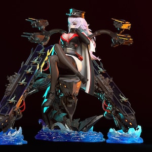 May include: A detailed figurine of a woman in a military-style outfit, seated on a mechanical structure with cannons and aircraft details. The figure has white hair and a black and red outfit. The base features blue water effects.