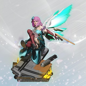 Puede incluir: Figura detallada de un personaje femenino con cabello rosado, ropa verde azulado y burdeos, y grandes alas estilizadas. Está sentada sobre una plataforma con una espada y otros detalles, en una pose dinámica. La base tiene un diseño metálico e industrial.