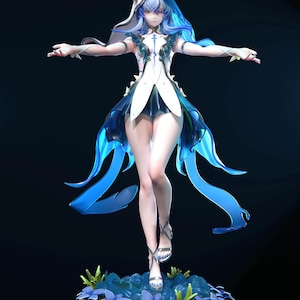 May include: A detailed figurine of a female character with flowing blue hair and a white and blue outfit. The figure is posed with arms outstretched, standing on a base with blue flowers and green foliage. The figure wears silver sandals.