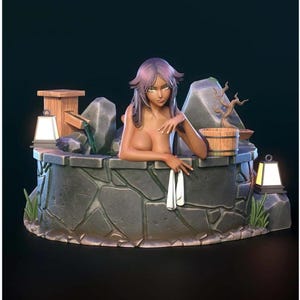 May include: A detailed figurine of a woman with purple hair relaxing in a stone hot spring. The scene includes a wooden bucket, a small tree, and a white towel. The hot spring is surrounded by stone walls and lanterns.