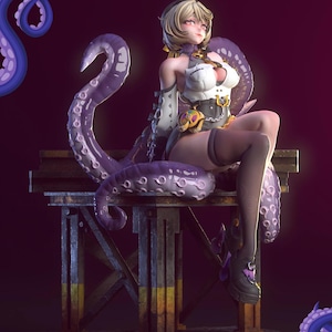 Puede incluir: Figura renderizada en 3D de una mujer con cabello rubio y ojos rosados, vestida con un atuendo blanco y negro, sentada sobre una estructura de madera. Tentáculos morados la envuelven. El fondo es de color granate oscuro.