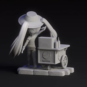 May include: A 3D-rendered figurine of a person wearing a hat, standing next to a hot dog cart. The cart has the word "HOTDOG" printed on it. The figurine is on a stone base, with a dark background.