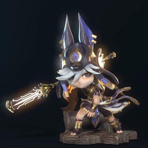 May include: A detailed figurine of a character in a dynamic pose, featuring a dark color scheme with gold and purple accents. The figure has a stylized helmet and is holding a glowing weapon. It stands on a stone-like base.