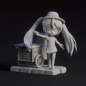 May include: A 3D-rendered figurine of a character with long hair and a hat, standing next to a hot dog cart. The cart has the word "HOT DOG" on it. The figure is on a stone base, and the background is dark.