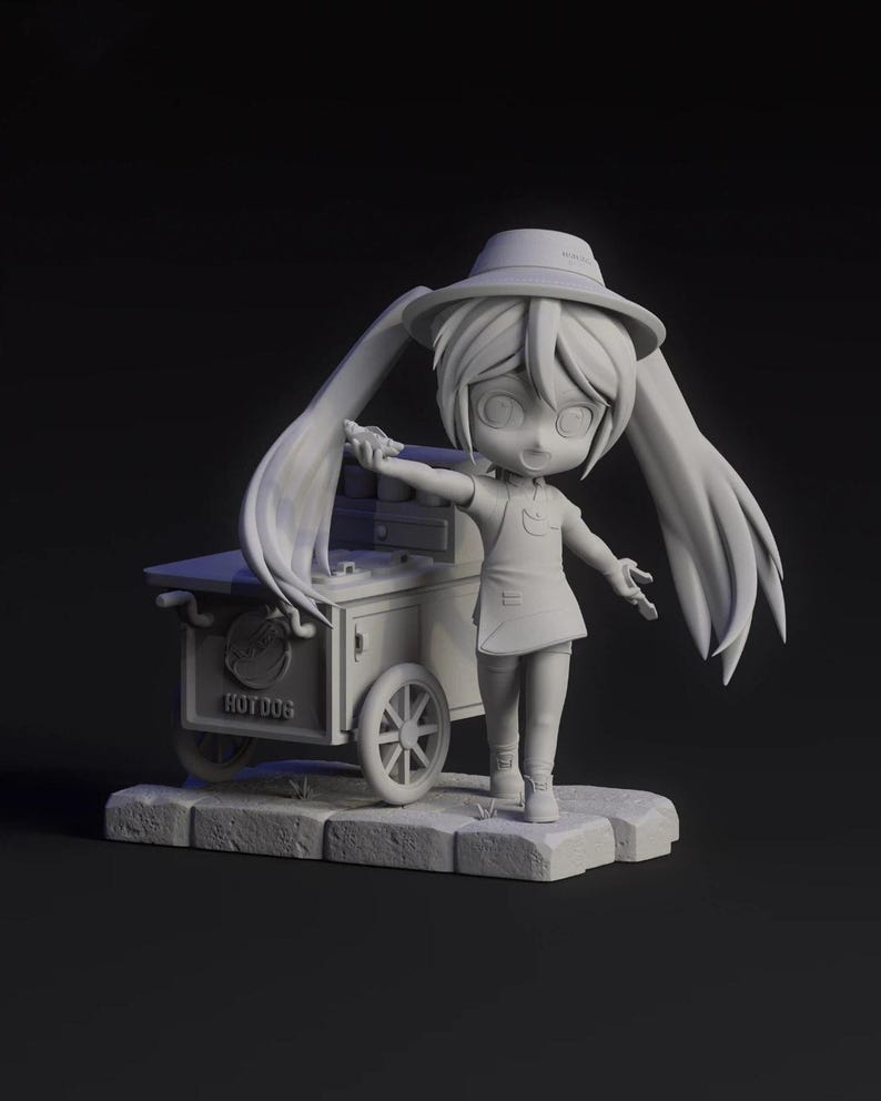 May include: A 3D-rendered figurine of a character with long hair and a hat, standing next to a hot dog cart. The cart has the word "HOT DOG" on it. The figure is on a stone base, and the background is dark.