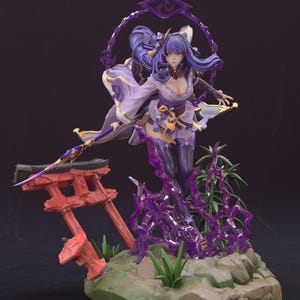 May include: A detailed figurine of a character in a flowing purple and white outfit, with long purple hair. The figure is posed dynamically, with a staff and a decorative ring behind the head. A red torii gate and purple energy effects are at the base.