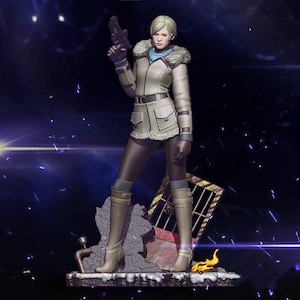 May include: A detailed figurine of a character in a winter outfit, holding a handgun. The figure wears a light-colored jacket with a fur collar, a blue scarf, and knee-high boots. The base features a broken structure and a flame.