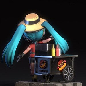 May include: A 3D-rendered figurine of a character with long turquoise hair and a straw hat, standing behind a hot dog cart. The cart features hot dog graphics and condiment bottles. The figure is wearing a red shirt and black shorts.