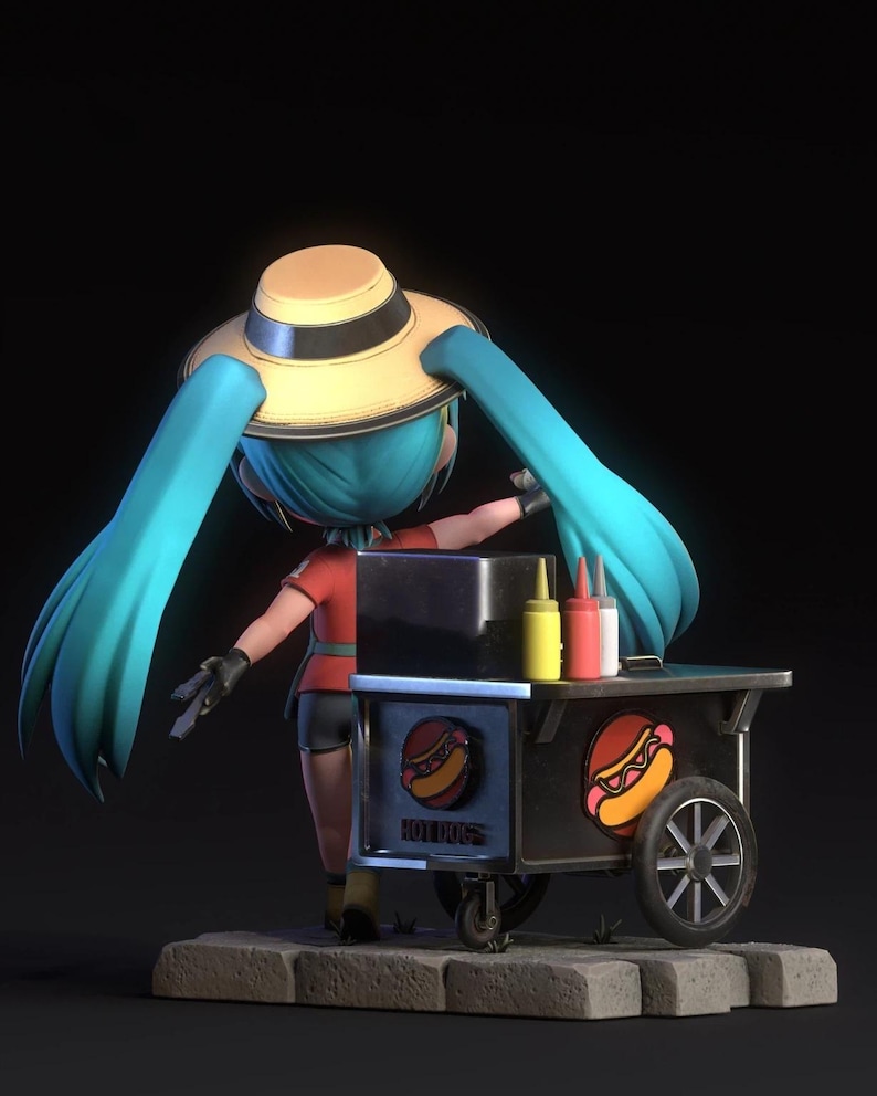 May include: A 3D-rendered figurine of a character with long turquoise hair and a straw hat, standing behind a hot dog cart. The cart features hot dog graphics and condiment bottles. The figure is wearing a red shirt and black shorts.