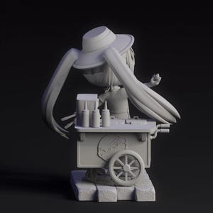 May include: A 3D-rendered figurine of a character wearing a hat and apron, operating a hot dog cart. The cart features a hot dog graphic, condiment bottles, and a detailed wheel. The figure has long hair and is posed in a dynamic stance.