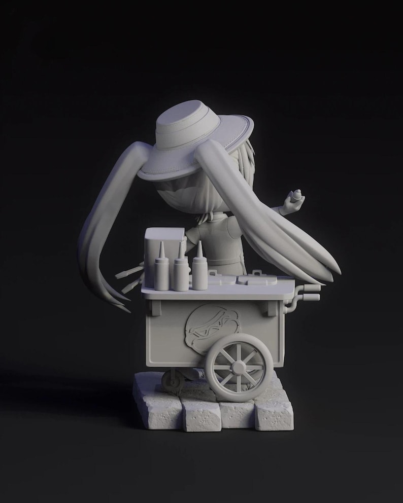 May include: A 3D-rendered figurine of a character wearing a hat and apron, operating a hot dog cart. The cart features a hot dog graphic, condiment bottles, and a detailed wheel. The figure has long hair and is posed in a dynamic stance.