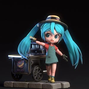 May include: A 3D rendered figurine of a character with long, turquoise pigtails, wearing a red shirt, green apron, and a straw hat. The character is holding a hot dog and standing next to a hot dog cart. The cart has the words "HOT DOG" on the side.