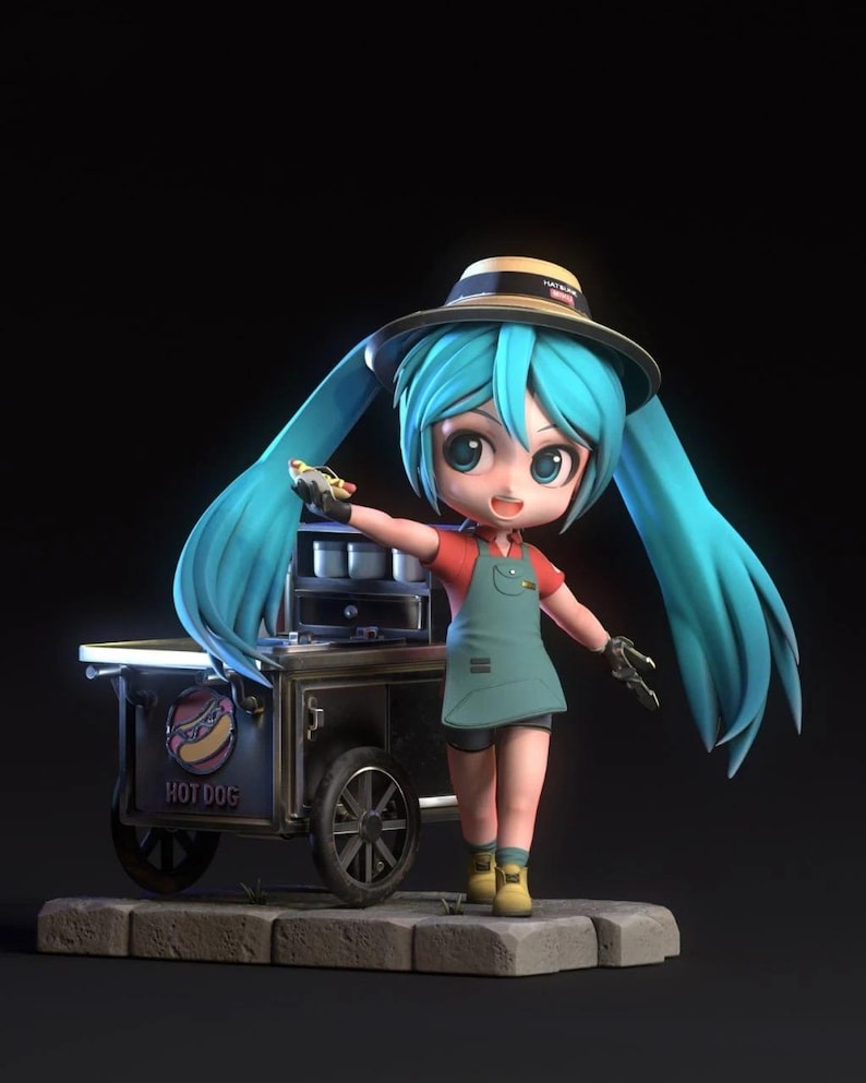 May include: A 3D rendered figurine of a character with long, turquoise pigtails, wearing a red shirt, green apron, and a straw hat. The character is holding a hot dog and standing next to a hot dog cart. The cart has the words "HOT DOG" on the side.