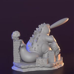 May include: A grey 3D-printed sculpture of a monster with a baseball bat, destroying buildings. The monster has a spiky back and a long, rounded tail. The sculpture is set on a rocky base with detailed building ruins.
