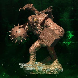 May include: A brown, monstrous figure with a spiky ball and a block-shaped shield. The creature has glowing yellow eyes and stands on a stone base. The overall design suggests a fantasy or comic book theme.