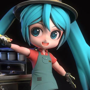 May include: A 3D rendered anime-style figure with turquoise hair and large blue eyes. The figure wears a red shirt, green apron, and a straw hat with the text "Hatsune Miku". The figure is holding a hot dog.
