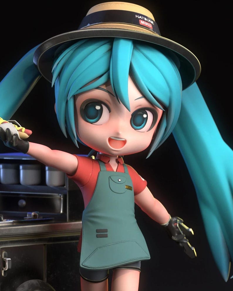 May include: A 3D rendered anime-style figure with turquoise hair and large blue eyes. The figure wears a red shirt, green apron, and a straw hat with the text "Hatsune Miku". The figure is holding a hot dog.