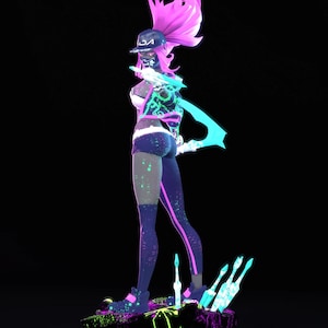 May include: A neon-colored figurine of a character in a cap and mask, with a jacket and shorts. The figure is posed on a rocky base with glowing accents. The color scheme includes shades of pink, blue, and green against a black background.